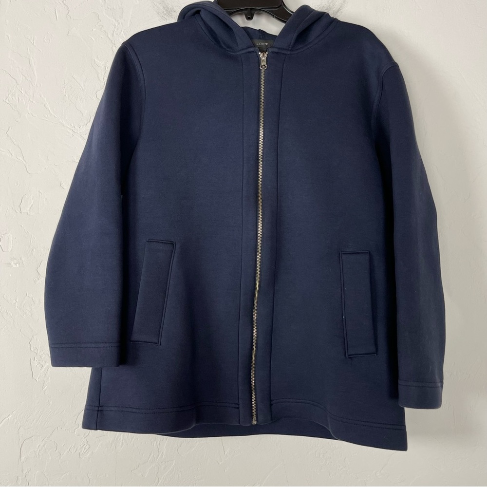 J Crew Jacket Hoodie Coat Scuba Neoprene Navy Blue Dark Solid Zip Front Hooded